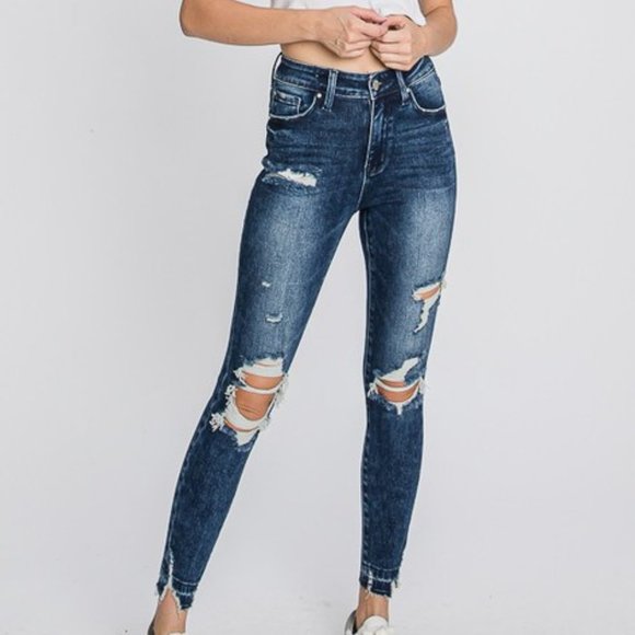 Denim - High Rise Dark Ankle Skinny Distressed Jeans
